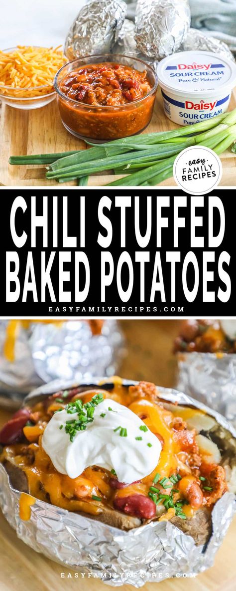 These super simple and delicious stuffed baked potatoes are the perfect quick dinner! My entire family is happy to eat them with my homemade chili or Wendy’s chili whenever I make it, especially when it's loaded with their favorite toppings. Leftover chili and premade baked potatoes make this a dinner that tasty and easy to make on busy nights. In 15 minutes you’ll have diner on the table or it can be a tasty and inexpensive meal to feed a crowd. Chili Over Baked Potato, Loaded Baked Potato With Chili, Baked Potatoes And Chili, Chilli Cheese Baked Potato, Baked Potato Chili Recipe, Chili Loaded Baked Potato, Chili Over Potatoes, Baked Potato And Chili, Chili Stuffed Baked Potatoes