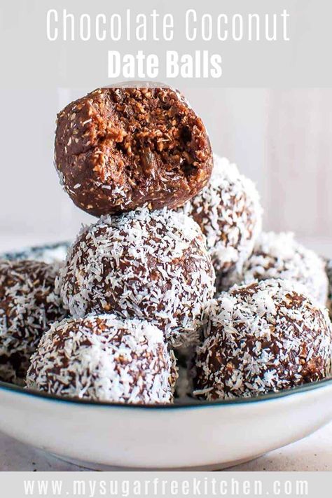 Chocolate Coconut Date Bliss Balls are sweet and chewy and made with just 5 ingredients. Dates, coconut, peanut butter, oats & unsweetened cocoa powder. Freezer friendly or they keep fresh in the fridge for 7 days. #blissballs #chocolateballs #dateballs Date And Cocoa Energy Balls, Chocolate Peanut Butter Date Balls, Coconut Cocoa Balls, Dates Peanut Butter Balls, Date Bliss Balls, Oat Bliss Balls, Chocolate Bliss Balls, Date Peanut Butter Balls, Date Chocolate Balls