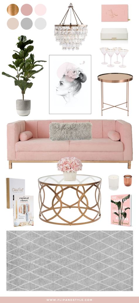 Blush, Copper and Grey Home Decor | Interior inspiration for a living room space | interior design + decor | www.flipandstyle.com Pink Furniture, Decorating Advice, Design Salon, Beige Sofa, Trendy Living Rooms, Grey Home Decor, Space Interiors, Living Room Spaces, Natural Home Decor