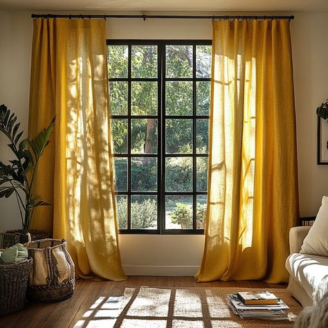 Mustard Yellow Linen Curtains / Custom Living Room Retro Burlap Curtain Panels / Boho Kitchen Drapes / Blackout Rustic Bedroom Curtains - Etsy UK Bedroom With Yellow Curtains, Curtain Covering Closet, Yellow Wall Curtain Ideas, Yellow Linen Curtains, Vintage Bedroom Curtain Ideas, Two Layer Curtains, Mustard Curtains Living Room, Cozy Bedroom Curtains, Living Room Yellow Curtains