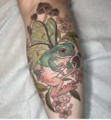 Forest Floor Tattoo, Frog Tattoo Design, Print Making Designs, Green Tattoo, Green Tattoos, Nature Tattoo Sleeve, Frog Tattoo, Skull Reference, Frog Tattoos