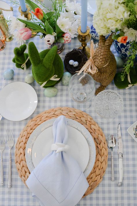 Easter table setting Mrs Alice, Wood Cutlery, Starter Plates, Boxwood Balls, Gingham Tablecloth, Green Ikat, Easter Tablescapes, Green Gingham, Spring Table