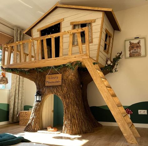 Tree House Bunk Beds For Kids, Tree House Beds For Kids, Kids Treehouse Bed, Tree House Loft Bed, Treehouse Bedroom Ideas, Forest Themed Playroom, Treehouse Playroom, Indoor Treehouse, Tree House Bunk Bed