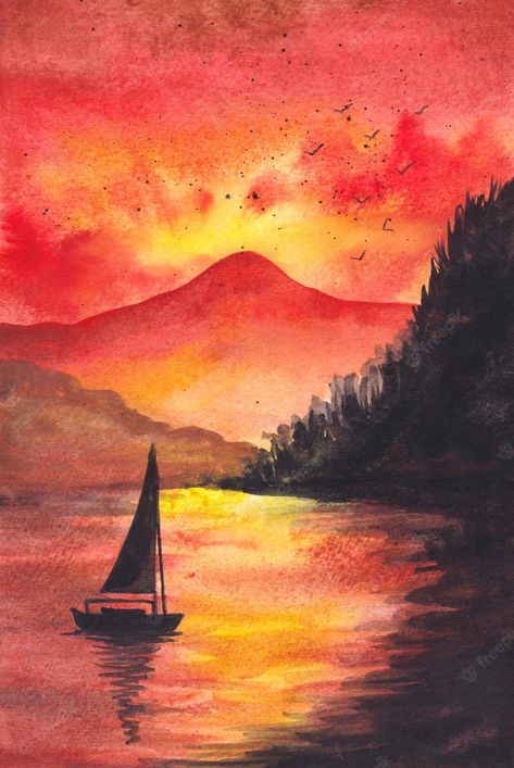 Sunset Background Painting, Sunset Water Painting, Beautiful Sunset Landscape, Watercolor Painting Background, Water Color Markers, Beach Sunset Painting, Landscape Painting Watercolor, Group Images, Sunset Watercolor