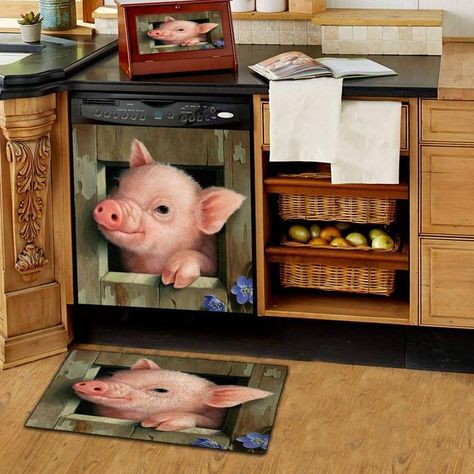 Pig Kitchen Decor, Outside Flooring, Pig Kitchen, Rubber Rugs, Dishwasher Cover, Dishwasher Magnet, Farm Cow, Pig Farming, Kitchen Upgrades