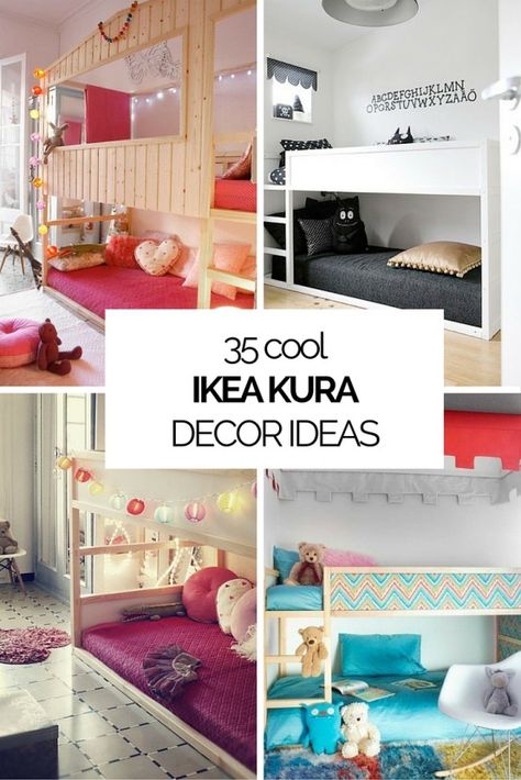 Some nice ideas to decorate a kids' room with IKEA KURA beds. They are cheap and awesome! Kura Cama Ikea, Overbed Storage, Ikea Children, Ikea Loft, Ikea Loft Bed, Beds Ideas, Ikea Kura Bed, Storage Ikea, Kura Bed