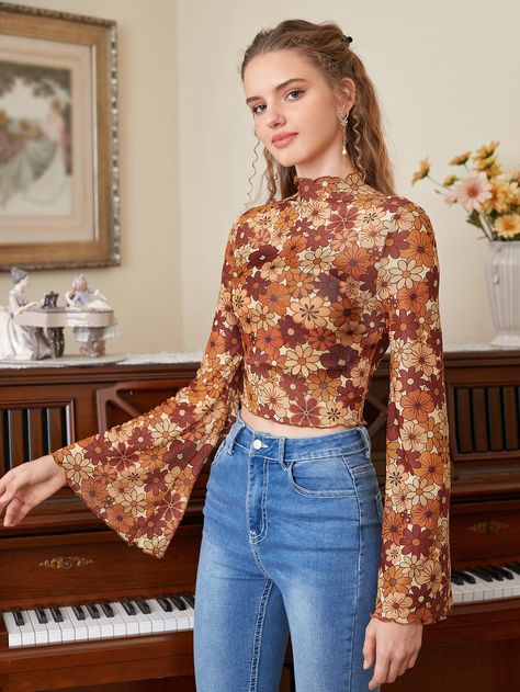 SHEIN MOD Allover Floral Print Lettuce Trim Mesh Top Flowery Top Outfit, Hippy Clothes, Cozy Dress, Mesh Tops, Cropped Long Sleeve Top, Retro Sweater, Top Shein, Long Sleeve Floral Top, Spring Wear