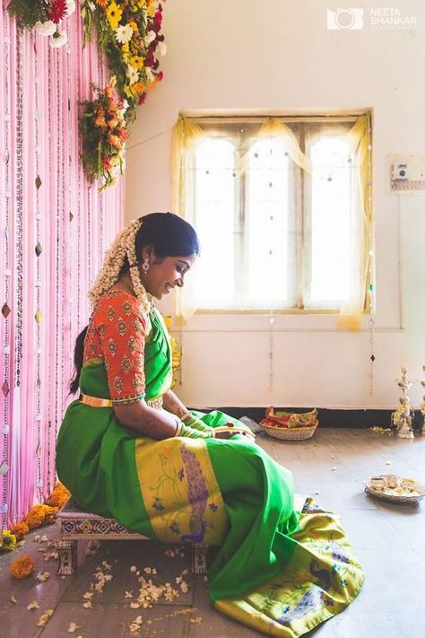 Graceful Green saree with orange aari work blouse Tulsi Silks, White Sari, Kanjeevaram Sarees, Tamil Brides, Telugu Wedding, Indian Wedding Hairstyles, Wedding Sari, Beautiful Wedding Decorations, South Indian Weddings