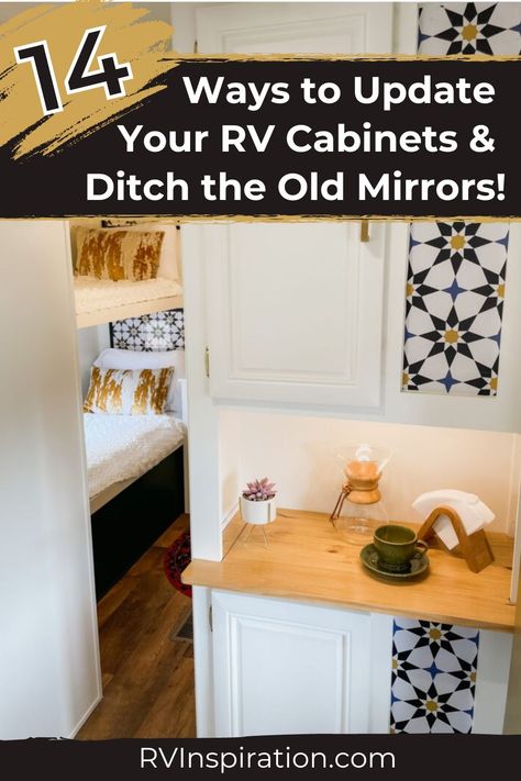 RV cabinets are often the cause for wanting to renovate a camper. But one other thing RVers tend to hate? The mirrors built into the RV cabinets. In this article, we're tackling the pesky problem of what to do with those RV cabinet mirrors! We have solutions for covering, replacing, or updating your RV cabinet mirrors to reflect your personal style. Check out our 14 ways to cover your RV cabinets and ditch the old mirrors for good! #rvrenovation #rvinspiration Camper Cabinet Makeover, Update Rv Cabinet Doors, Rv Mirror Ideas, Camper Glass Cabinet Redo, Rv Glass Cabinet Makeover, Camper Cabinet Redo, Rv Medicine Cabinet, Cover Glass Cabinet Doors, Rv Newbies