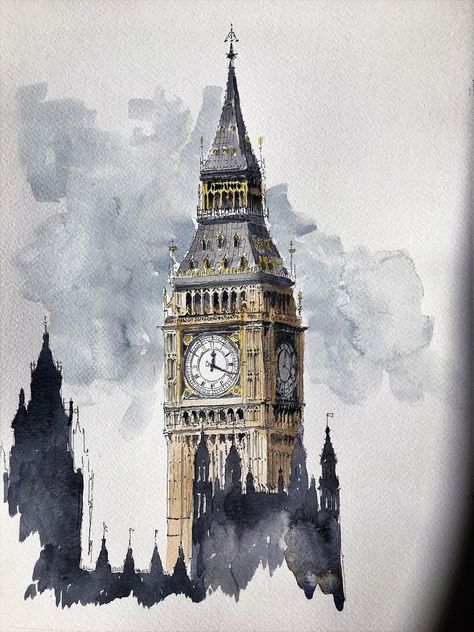 Elizabeth Tower, London Drawing, London Painting, Watercolor Architecture, Big Ben London, Architecture Drawing Art, Architecture Painting, Watercolor Landscape Paintings, Watercolor Art Lessons