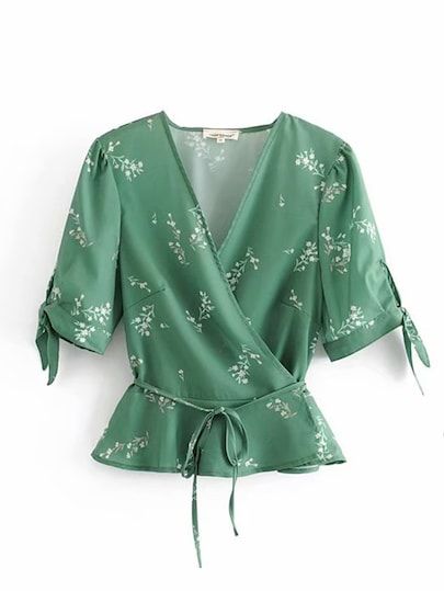 Product name: Ditsy Floral Belted Wrap Blouse at SHEIN, Category: Blouses Lady Blouse Designs, Female Tops Fashion, Shein Dress Casual, Wrap Blouse Outfit, Ladies Tops Fashion Blouses, Wrap Tops For Women, Summer Blouses For Women, Wrap Blouses, Belted Top