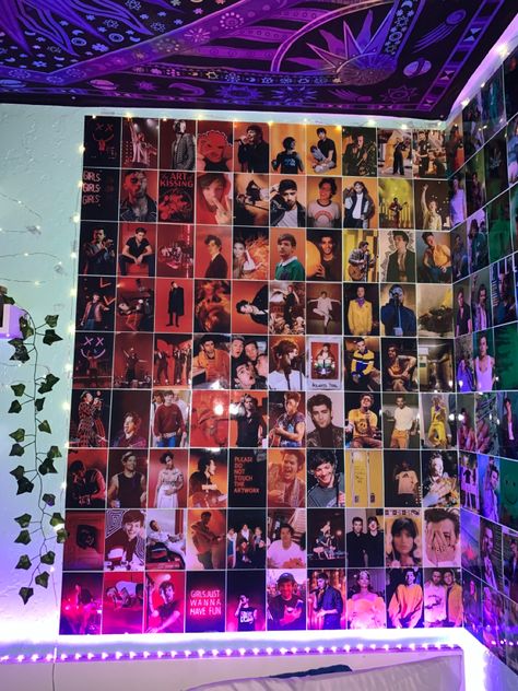 One Direction Themed Room, Room Decor Photos Wall Collage, 5sos Room Decor, One Direction Room Aesthetic, Collage Bedroom Ideas, Rainbow Photo Wall, One Direction Room Decor, Marvel Rainbow Wall, One Direction Core