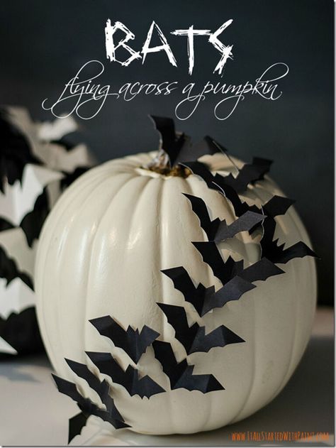 50  Best no carve Pumpkin decorating ideas. Make easy Halloween crafts for kids & adults, & creative fall & Thanksgiving decor with pumpkins! - – A Piece of Rainbow, decorations, arts & crafts, autumn, farmhouse, animals, Disney, nature, boho, decoupage, painting, painted Diy Halloween Bat Decorations, Halloween Bats Diy, Halloween Pumpkin Diy, Dekorasi Halloween, No Carve Pumpkin Decorating, Halloween Decor Diy, Halloween Bat Decorations, Easy Pumpkin Carving, Labu Halloween