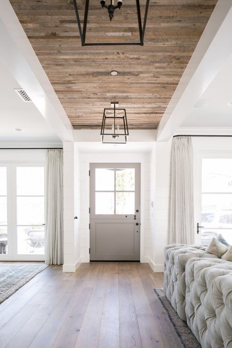 Wood Flooring on tray ceiling Wood Plank Ceiling, Accent Ceiling, Plank Ceiling, Wood Floor Kitchen, Farmhouse Entryway, Hallway Design, Glass Panel Door, Entry Way Design, Tray Ceiling