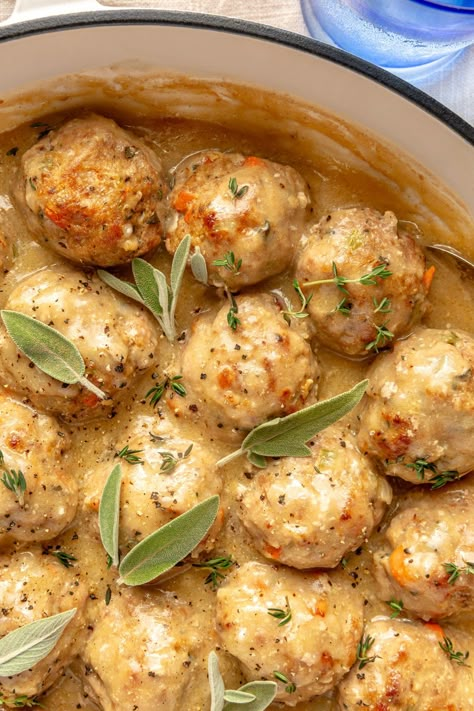 Thanksgiving Turkey Meatballs | So Much Food Savory Turkey Meatballs, Chicken Or Turkey Meatballs, Sage Turkey Meatballs, Sweet Turkey Meatballs, Sauce For Turkey Meatballs, Moist Turkey Meatballs, Turkey Meatballs Recipes, Pesto Turkey Meatballs, Thanksgiving Meat