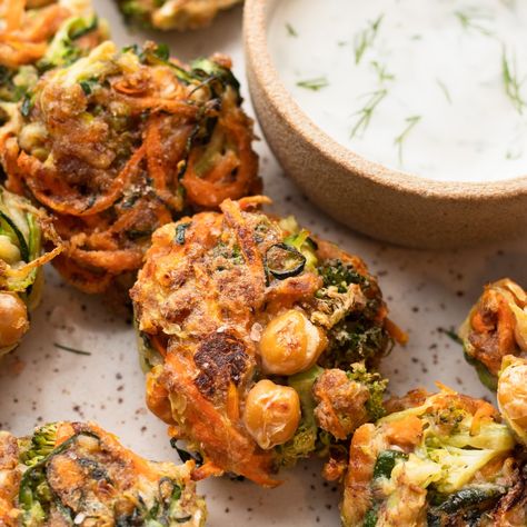 Vegetable Fritters with Chickpeas Carrots And Chickpeas, Vegetable Fritters, Pancake Shapes, Chickpea Fritters, Creamy Dill Sauce, Spiralized Zucchini, Northern Beans, Dill Sauce, Recipe Organization