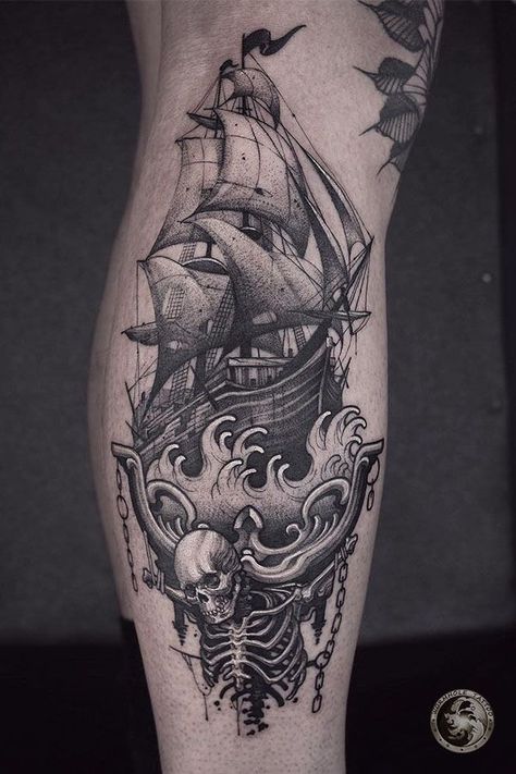 Pirate Ship Tattoo Thigh, Pirate Ship Tattoo Drawing, Kurt Tattoo, Feather Tattoo For Men, Viking Ship Tattoo, Ship Tattoo Sleeves, Pirate Tattoos, Pirate Ship Tattoos, Calf Tattoo Men