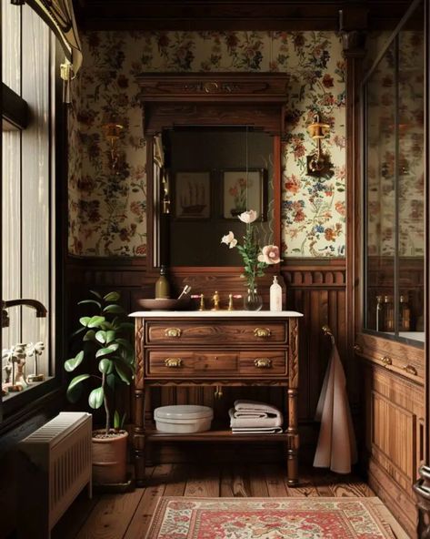 Romantic Vintage Bathroom, Heritage Style Bathroom, Vintage European Bathroom, Small Antique Bathroom Ideas, Victorian Restroom, Light Academia Bathroom, Black Vintage Bathroom, Cottagecore Bathroom Ideas, Old Style Homes