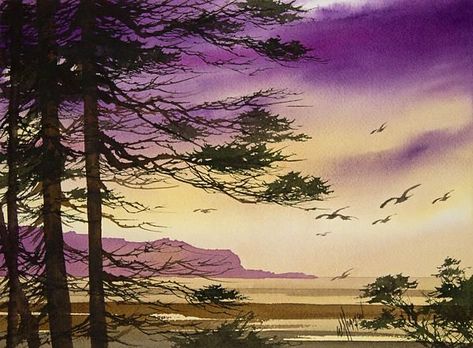 James Williamson | WATERCOLOR | Whisper of Dawn Seashore Painting, Seashore Paintings, Island Sunset, Sunset Clouds, Mountain Scene, Watercolor Techniques, Painting Photos, Original Watercolor Painting, Beautiful Paintings