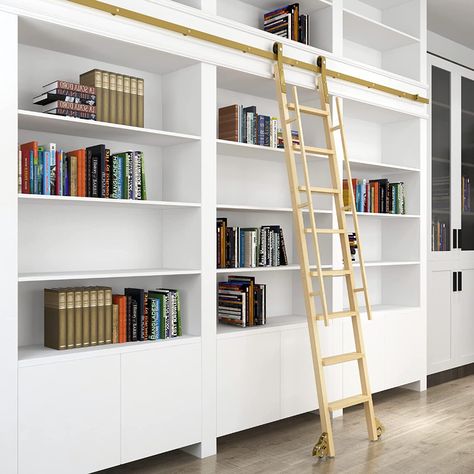 DIYHD 12FT Wooden Ladder Rolling Hardware Sliding Library Ladder Track,Floor Rollers with Brake,Golden,No Ladder - - Amazon.com Library Room Cozy, Modern Library Room, Small Library Room Ideas, Cozy Library Room, Small Library Room, Rustic Library, Library Room Decor, House Room Design, Library Room Design