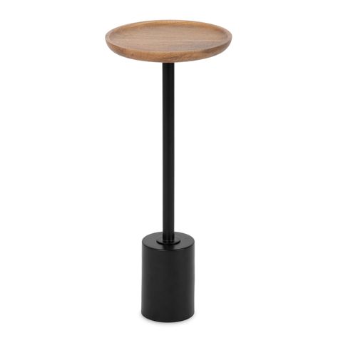 Design the mid-century modern space of your dreams by incorporating the Xyler drink table into your decor. Inspired by mixed materials design, this table features a pedestal-like look, with a round tabletop and a simple cylindrical weighted base. Plant Pedestal, Pedestal End Table, Wood Pedestal, Table Top Design, Condo Living, Table Ronde, Modern Transitional, Wood End Tables, Drink Table