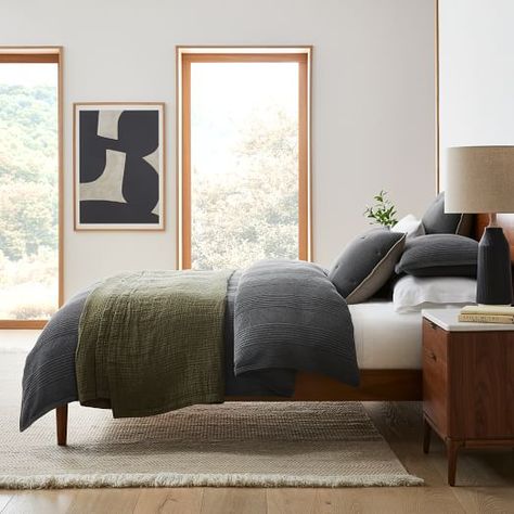 Up to 50% off Holiday Bedding & Throws | West Elm West Elm Bedroom, Masculine Bedding, Large Duvet Covers, Holiday Bed, Jersey Bedding, Blue Bed, Cotton Clouds, Linen Layers, Full Duvet Cover