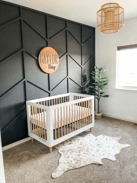 Black Wall In Nursery, Charcoal Accent Wall Nursery, Feature Wall In Nursery, Modern Black Nursery, Accent Walls For Nursery, Dark Grey Accent Wall Nursery, Modern Nursery Black Crib, Black Nursery Wall, Black Wall Nursery Boy