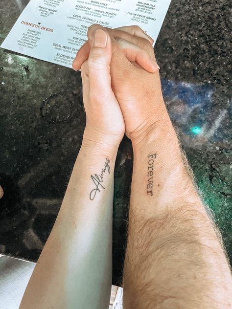 Forever And Always Couple Tattoos, Couples Tattoos Always And Forever, Husband And Wide Tattoos, Couples Pinky Promise Tattoo, Couple Tattoos Always And Forever, Grow Together Tattoo, Classy Couple Tattoos, Him Her Tattoos Couple, Tattoo Ideas Married Couple