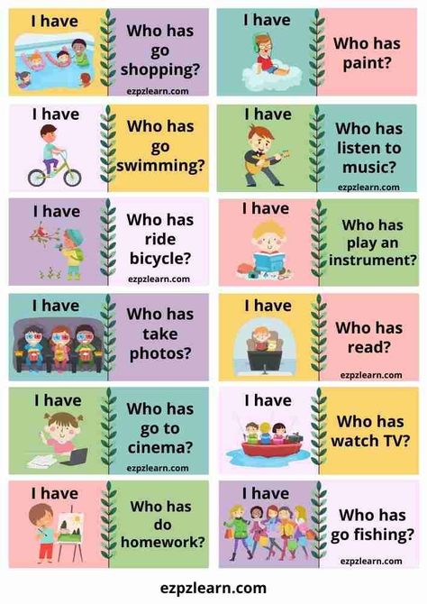 Free Printable I have Who Has English Game For Kids Topic Freetime Activities Kindergarten Preschool English Games For Kids, Freetime Activities, Free Time Activities, Activities Kindergarten, English Grammar Worksheets, English Games, Kids English, English Language Teaching, English Lessons For Kids