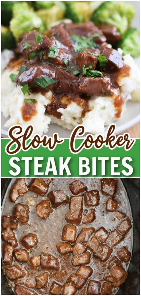 Slow Cooker Steak Bites - perfect for an easy and delicious weeknight dinner. Chunks of steak are slow cooked to tender perfection in a savory gravy. It takes just a few minutes of prep and you will have a scrumptious dinner waiting when you get home! Steak Bits Crockpot, Frozen Steak In Crockpot, Sirloin Tip Steak Recipes Crockpot, Steak Tips Crock Pot, Chuck Steak Recipes Crockpot, Crock Pot Steak Recipes, Steak Crockpot Recipes, Slow Cooker Steak Bites, Steak Recipes Crockpot