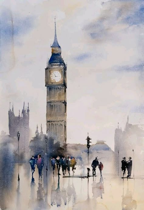 Big Ben Painting, Big Ben Watercolor, Big Ben Art, Architecture Drawing Sketchbooks, Watercolor Architecture, Cityscape Art, Landscape Art Painting, Samos, Painting Art Lesson