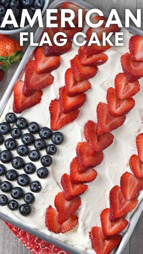 Celebrate the 4th of July with a patriotic flag cake made from a box mix and strawberry Jello. This poke cake, topped with whipped cream and fresh berries, is such a refreshing dessert and so easy to make! Jello Flag Cake, Flag Cake Recipe, Strawberry Jello Cake, Flag Desserts, American Flag Cake, Strawberry Poke Cakes, Patriotic Cake, Whipped Cream Cakes, Fourth Of July Cakes