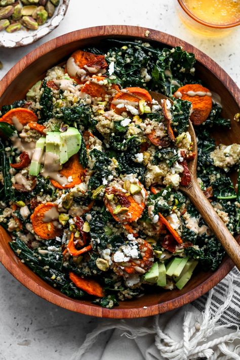 Kale And Sweet Potato Salad, Feta And Avocado, Dishing Out Health, Salad With Quinoa, Sweet Potato Salad, Pesto Salmon, Vegan Salads, Work Lunches, Salad Dishes