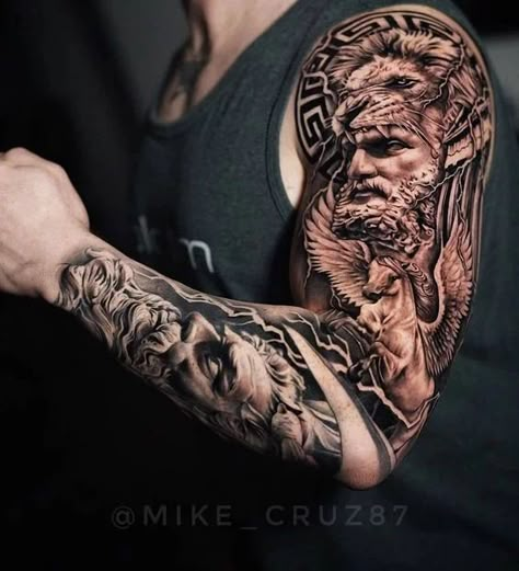 60 Stylish Sleeve Tattoos that are Simply Unforgettable - Meanings, Ideas and Designs | Greek tattoos, Best sleeve tattoos, Sleeve tattoos Hercules Tattoo, Greek Tattoo, Greek God Tattoo, Gladiator Tattoo, Zeus Tattoo, Spartan Tattoo, Lion Tattoo Sleeves, Men Tattoos Arm Sleeve, Greek Mythology Tattoos