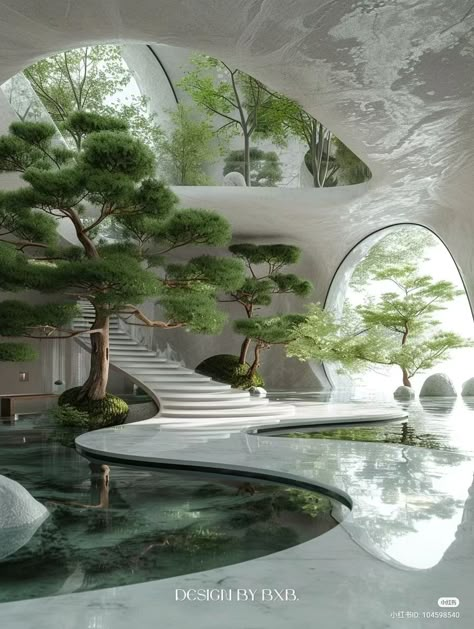 Utopia Interior Design, Green Structure Architecture, House Design Futuristic, Architecture Inspired By Water, Futuristic Garden Design, Space Hotel Concept, Cool House Stuff, House Inside A Tree, Arch Way Decor Interior