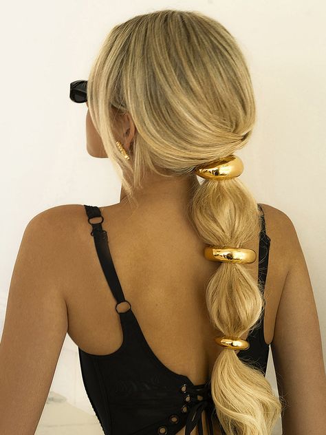 1pc Golden Elastics Hair Tie Concert Hair Accessories, Multiple Hair Ties Hairstyle, Party Pony Updo, Gold Hair Styles, Fun Hair Accessories, Hair Elastics Hairstyles, One Hair Tie Hairstyles, Hair Gold Accessories, Golden Hair Accessories