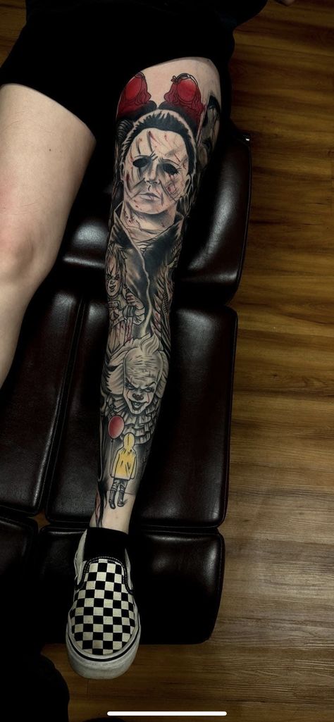 Horror Tattoo Sleeve, Halloween Tattoos Sleeve, Black Men Tattoos, Full Leg Tattoos, Wicked Tattoos, Scary Tattoos, Black Girls With Tattoos, Theme Tattoo, Pretty Tattoos For Women