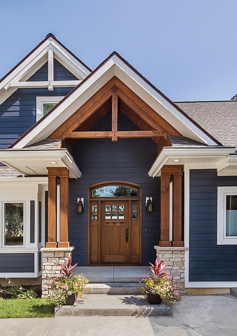 New Point of View - Michigan Blue Magazine Blue House White Trim, Blue Siding House, Navy House Exterior, Blue Exterior House Colors, Dark Blue House Exterior, Dark Blue Houses, Blue Magazine, Outside House Colors, Blue Siding