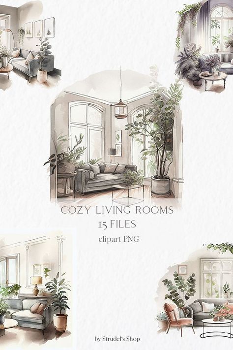 Cozy Home Illustration, Watercolor Furniture, Furniture Background, Living Room Illustration, Cozy Hygge, House Clipart, Little Tikes, Girl Reading, Cozy Home