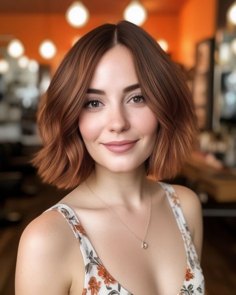 Warm Auburn Chestnut Balayage, Mahogany Bob Haircut, Golden Brown Bob Hair, Short Brown Hair With Auburn Highlights, Ginger Hair Medium Length, Medium Auburn Brown Hair, Short Auburn Hair Bob, Auburn Bob Haircut, Chestnut Brown Bob