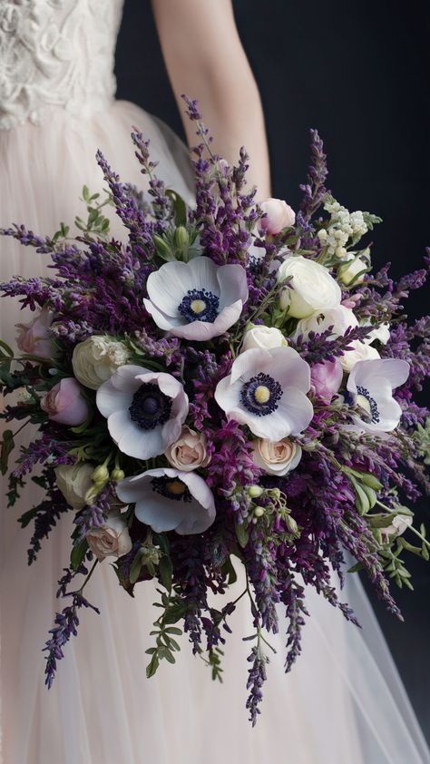 Stylish Lavender and Anemone Wedding Bouquets Dark Purple Bouquet Wedding, Lavender In Bouquet, Forest Bridal Bouquet, Black White And Lavender Wedding, June Floral Arrangements, Wedding Bouquet With Ferns, Dramatic Wedding Bouquet, Forest Green And Purple Wedding, Purple And Green Wedding Ideas