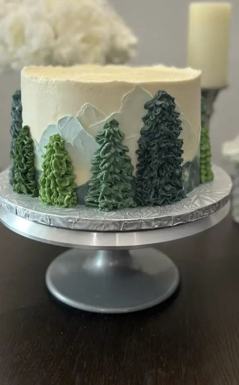 Cake With Trees On Side, Hunting Fishing Birthday Cake, Yosemite Themed Party, Camping Cake Design, Outdoor Theme Cake, Forest School Birthday Cake, National Parks Cake, Chocolate Trees On Cake, Winter Cake Birthday