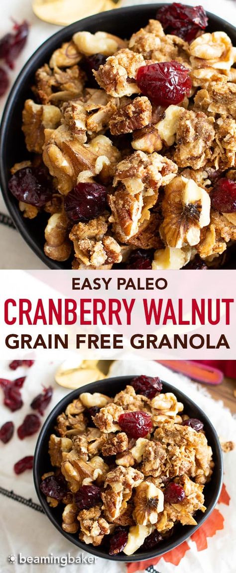 Homemade Grain Free Cranberry Walnut Granola Recipe (Paleo, Grainless, Vegan) - Beaming Baker Cranberry Orange Granola Recipe, Cranberry Orange Granola, Grainfree Granola, Homemade Low Carb Granola, Hashimotos Recipes, Gluten Free Nut Free Granola, Grain Free Granola Recipe, Walnut Granola, Flaxseed Crackers