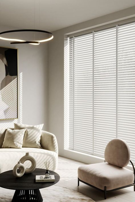 Off white real wood blinds with tapes in lounge Venetian Blinds Living Room, Wooden Blinds Living Room, Minimalist Blinds, Blind Inspiration, Blinds Diy, White Blinds, Modern Blinds, Living Room Blinds, Scandinavian Furniture Design