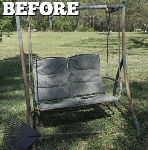 I am so glad to find an article on how to restore on old swing frame! I have one ready to go and this idea is perfect! Yard Swings, Northwest Garden, Diy Swing, Diy Porch Swing, Backyard Swings, Metal Swings, Canopy Frame, Diy Canopy, Patio Swing