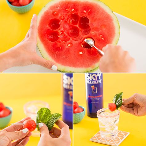 Spice up your cocktail with a little watermelon garnish. Watermelon Garnish, Watermelon Fresca, Garnish Ideas, Skyy Vodka, Watermelon Drink, Cocktail Mixers, Drink Mixer, Adult Beverages, Refreshing Cocktails