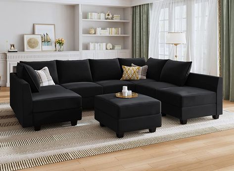 HONBAY Convertible Sectional Sofa Modular Couch with Reversible Chaise Velvet U Shaped Couch Sleeper Sectional Sofa Set with Storage Ottoman, Black Black Couch With Ottoman, Black L Shaped Couch, Black Sectional Living Room Ideas, Black Sectional Couch, Black Sectional Living Room, Black Sectional Sofa, Chaise Velvet, Modern Couch Sectional, Goth House