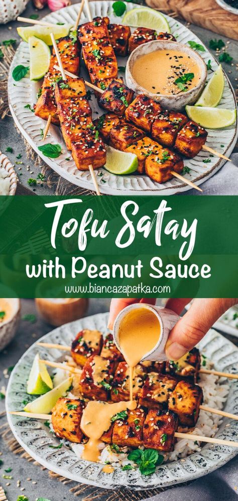 Tofu Satay, Crispy Baked Tofu, Tempeh Recipes, Tofu Dishes, Baked Tofu, Vegan Appetizers, Vegan Restaurants, Tofu Recipes, Peanut Sauce