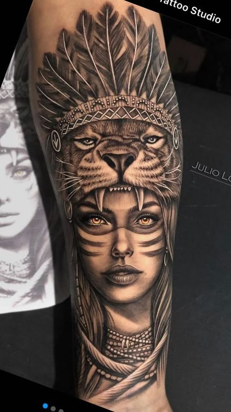 | Creative Tattoos Aesthetic By Ava Yates Tattoo Indien, Indian Women Tattoo, Indian Tattoo Design, Female Warrior Tattoo, Tattoos Aesthetic, Chicano Tattoos Sleeve, Catrina Tattoo, Native American Tattoo, Aztec Tattoo Designs