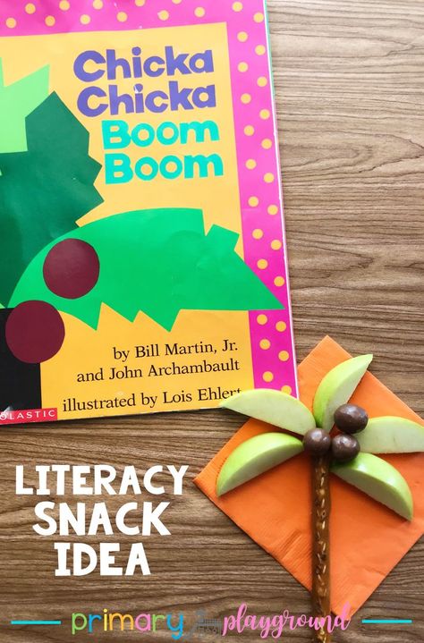 Literacy Snack Idea Alphabet Tree _ Chicka Chicka Boom Boom #literacysnack #booksnack #alphabet #alphabetsnack #kindergarten #preschool Primary Playground, Alphabet Tree, Rainbow In A Jar, Rainbow Experiment, Preschool Cooking, Kids Food Crafts, Beginning Of Kindergarten, Storytime Crafts, Chicka Chicka Boom Boom